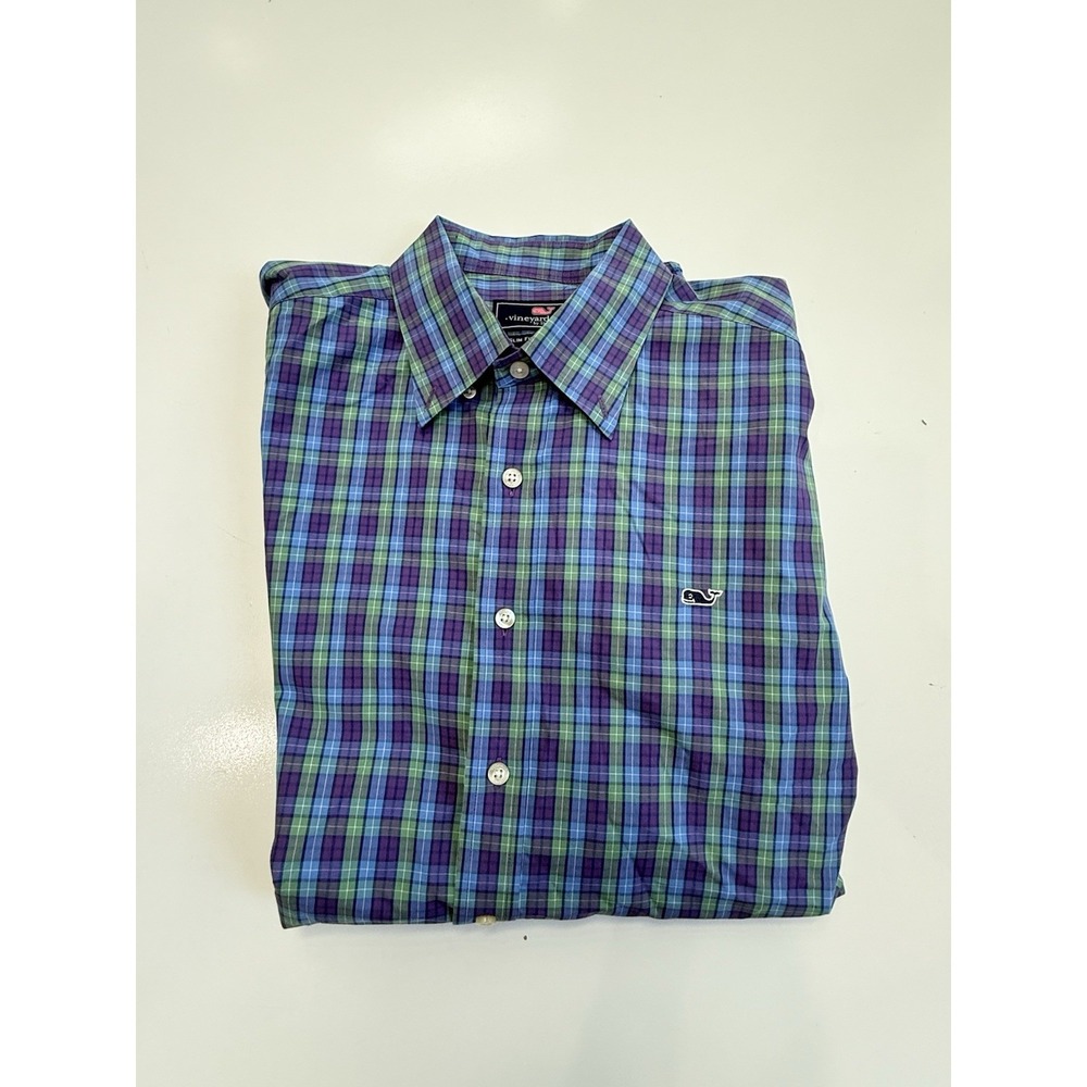 vineyard vines long sleeve dress shirt purple green plaid mens L slim fit - Picture 3 of 4